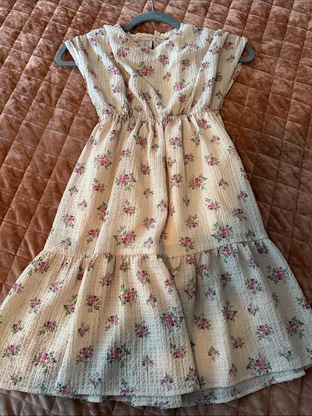 Zara Cream Floral Tiered Girls Casual Dress with Pink Roses
